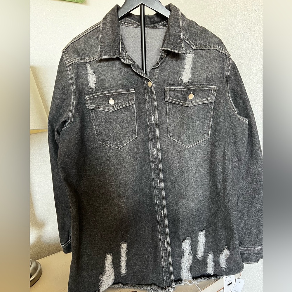 Black acid washed distress denim jacket shacket Sz 2XL NWT